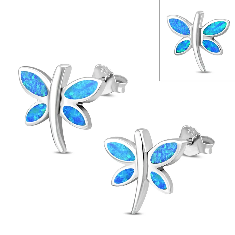 Butterfly Stud Synthetic Blue Opal Sterling Silver Earrings