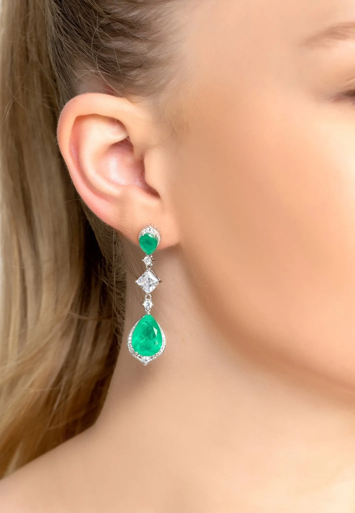 Celeste Teardrop Earrings Colombian Emerald Silver