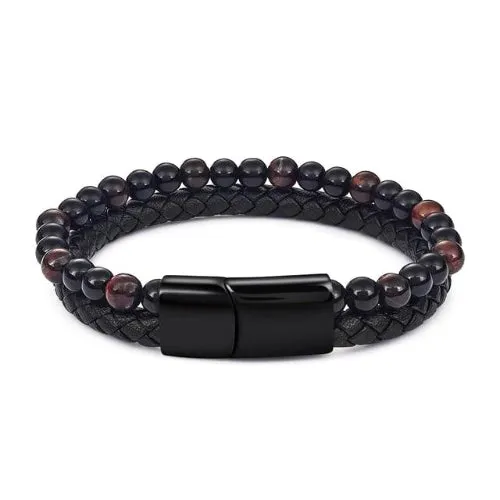 Classy Men Black Dual Beaded Leather Bracelet