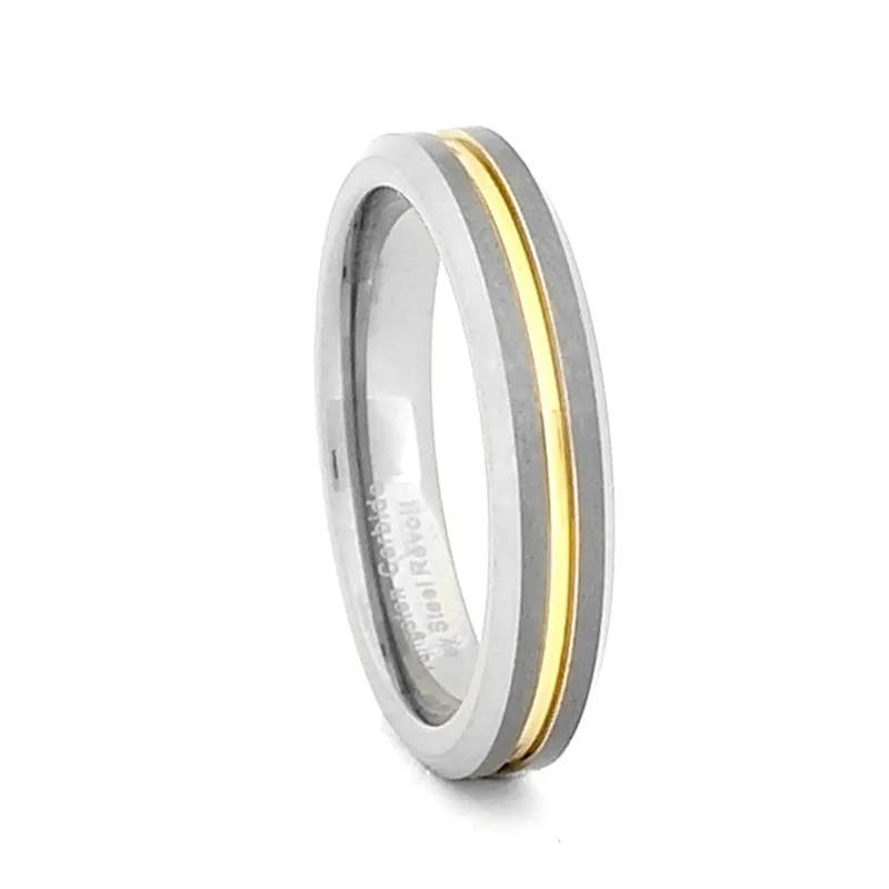 Comfort Fit Two Tone 4mm Tungsten Carbide Wedding Band with Gold Color PVD Plated Groove