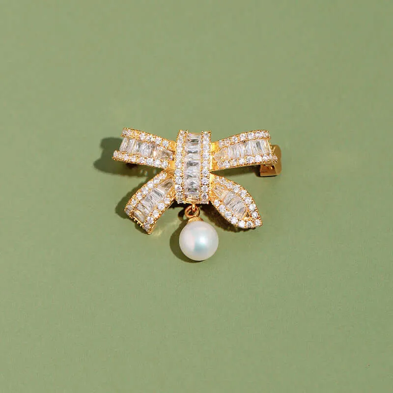 Copper Multi-Diamond Luxury Pearl Bow Brooch