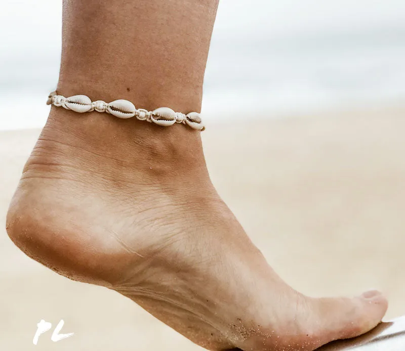 Cowrie Shell Anklet 2 / Cream Cord / Cream Beads