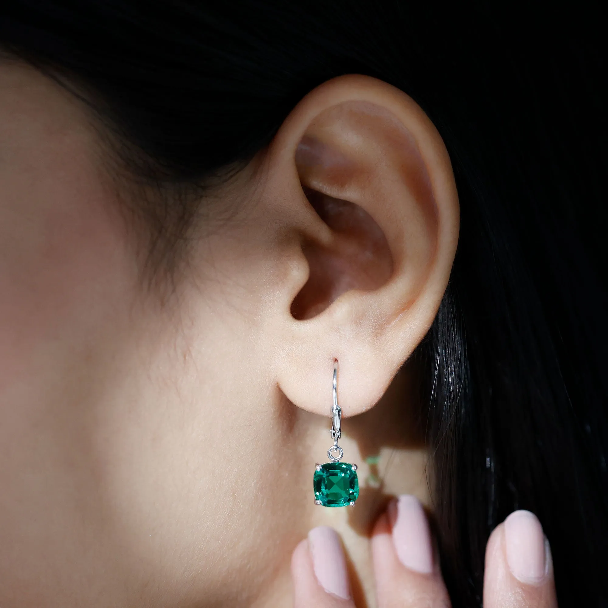 Cushion Cut Solitaire Created Emerald Drop Earrings