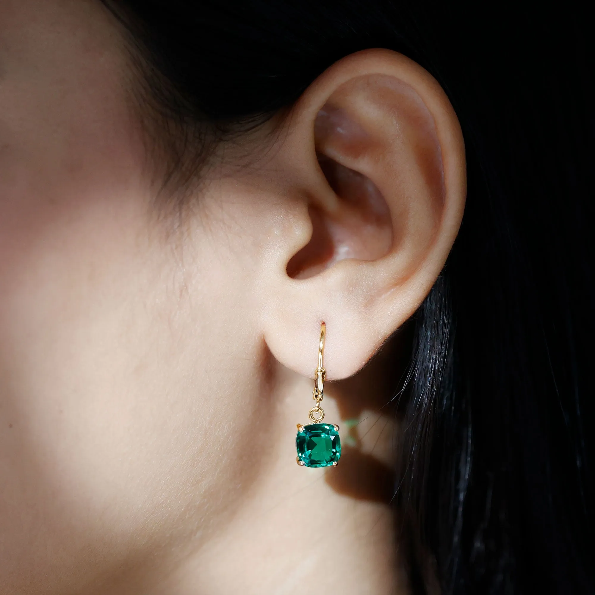 Cushion Cut Solitaire Created Emerald Drop Earrings