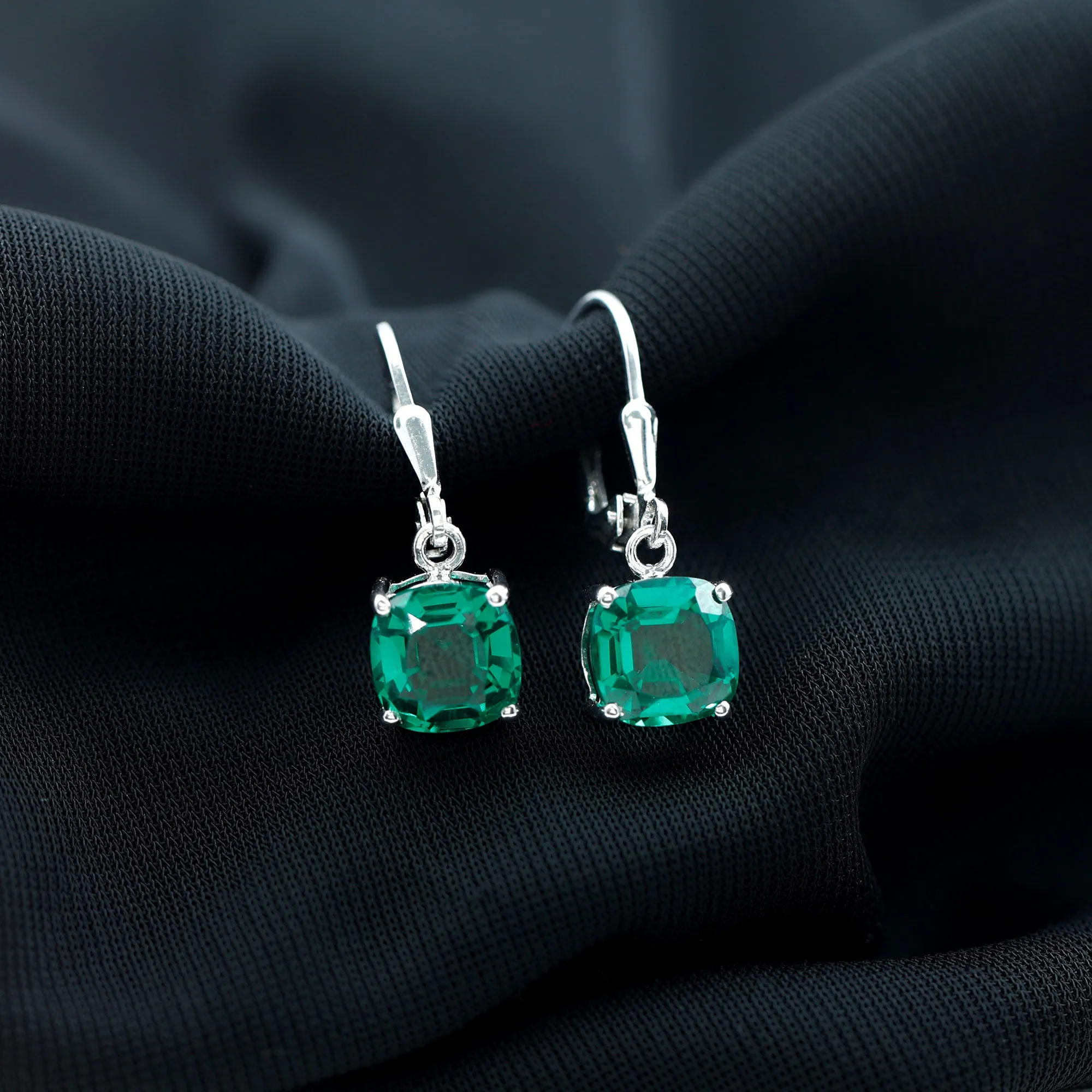 Cushion Cut Solitaire Created Emerald Drop Earrings