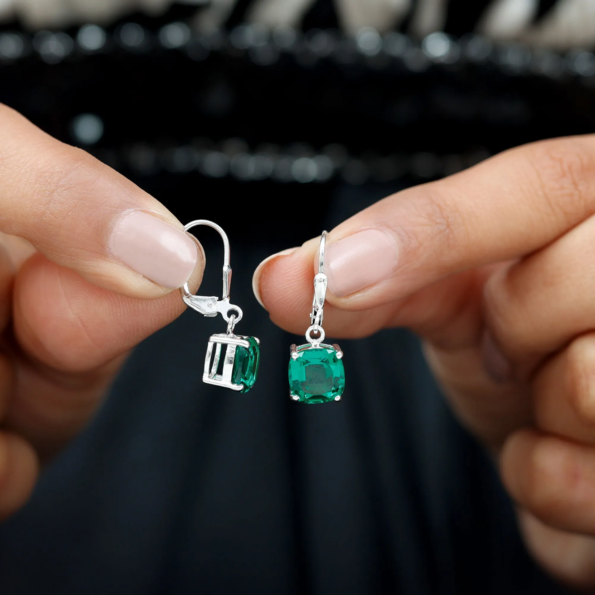 Cushion Cut Solitaire Created Emerald Drop Earrings