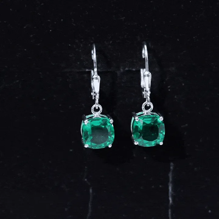 Cushion Cut Solitaire Created Emerald Drop Earrings