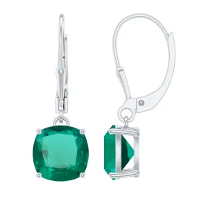 Cushion Cut Solitaire Created Emerald Drop Earrings