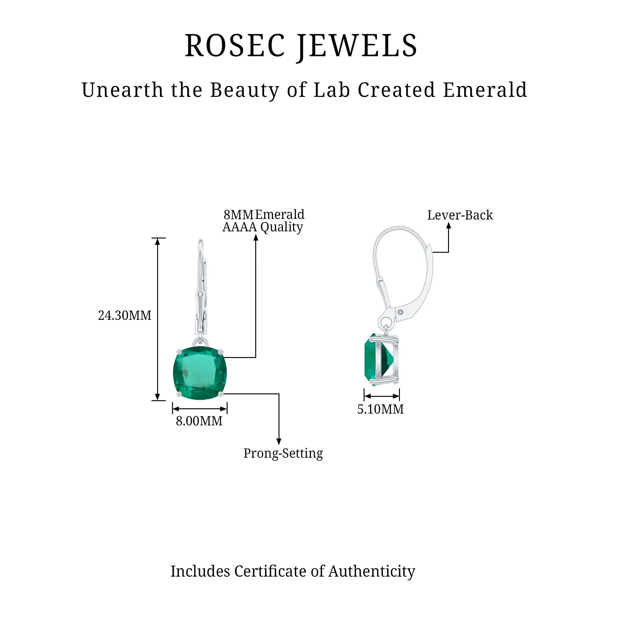 Cushion Cut Solitaire Created Emerald Drop Earrings