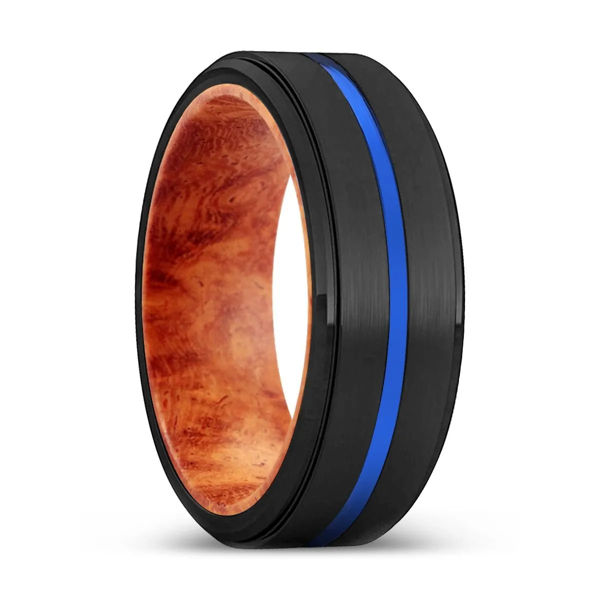 DELIGHTED | Red Burl Wood, Black Tungsten Ring, Blue Groove, Stepped Edge