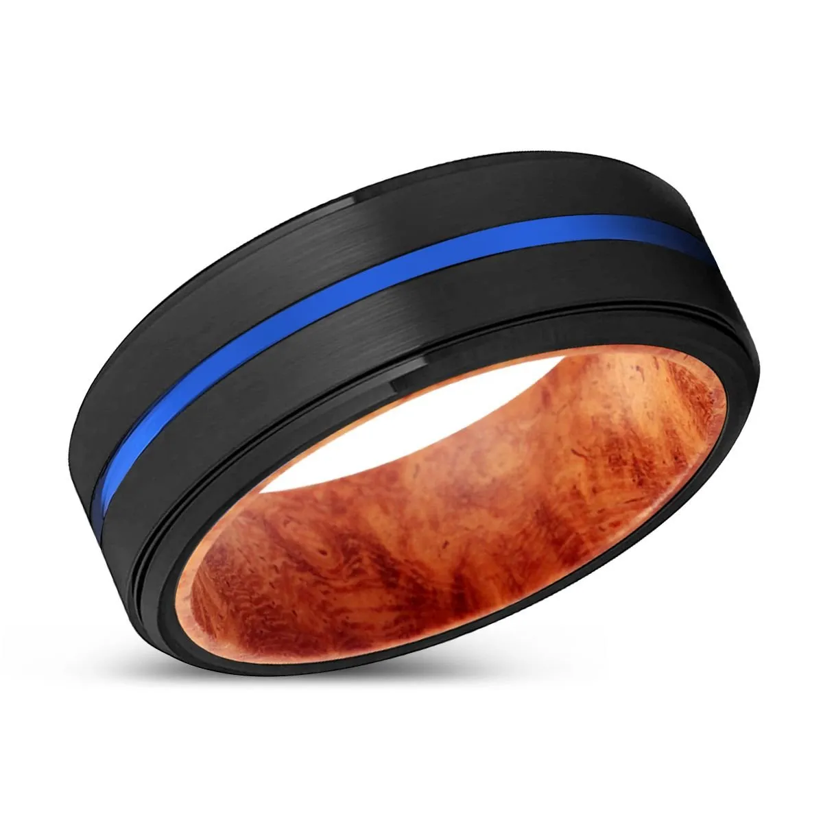 DELIGHTED | Red Burl Wood, Black Tungsten Ring, Blue Groove, Stepped Edge