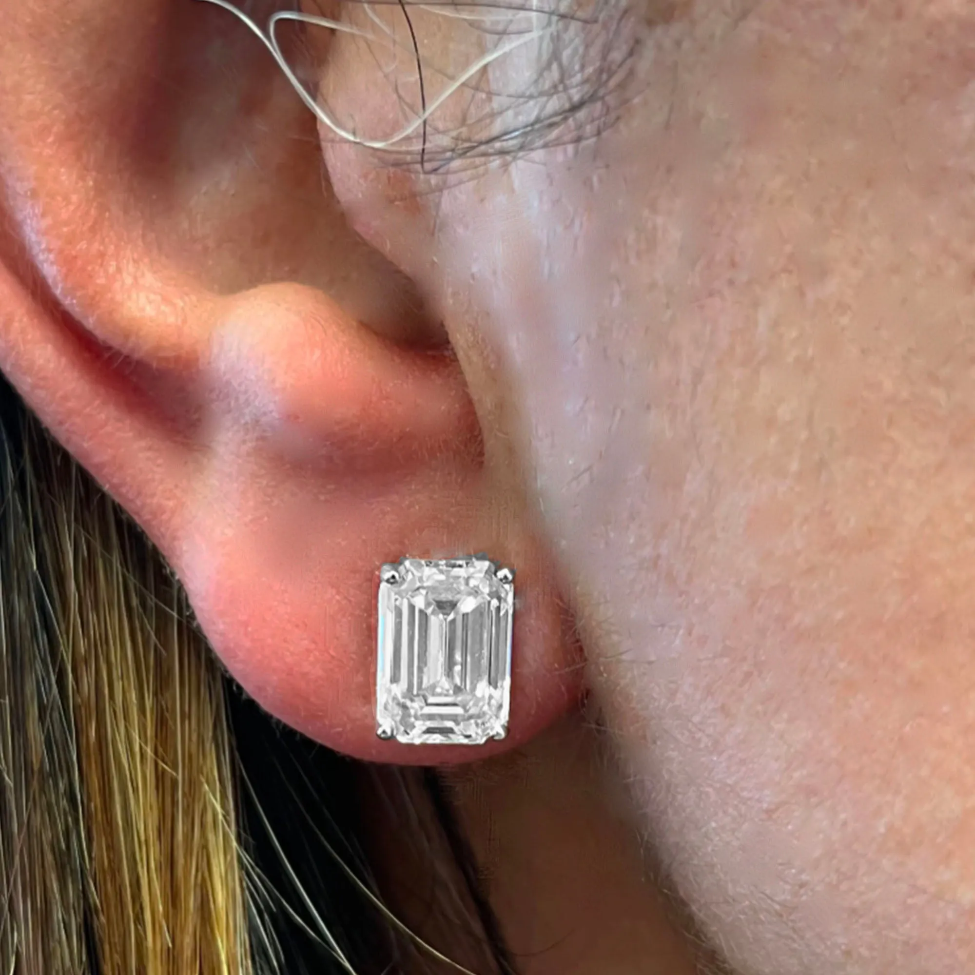 Diamond Stud Earrings - Emerald Cut Four Carats Each Ear