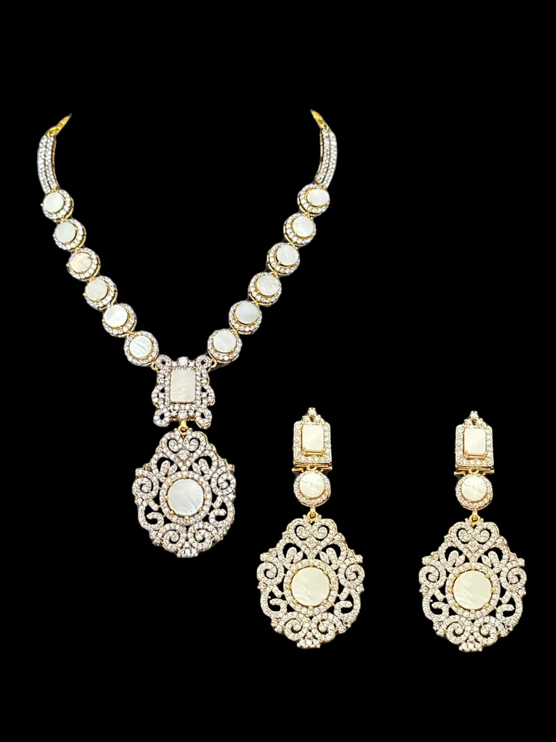 DNS117 zircon with mother of pearl necklace earrings set ( READY TO SHIP )