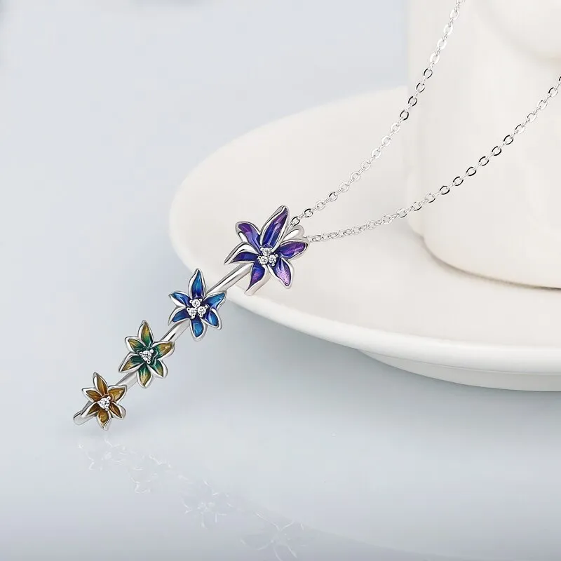 Elegant Gradient Flower Enamel Pendant Necklaces with Zircon in Silver Color