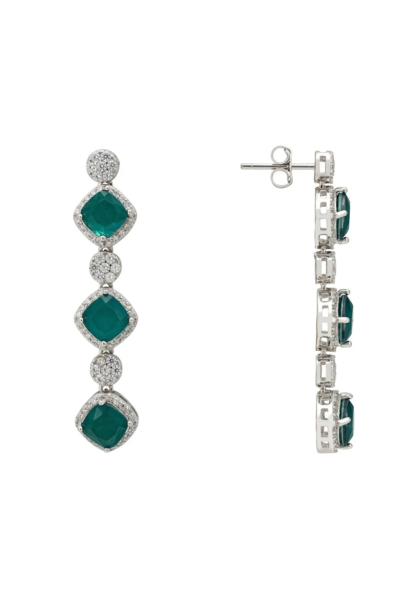 Elena Drop Earrings Emerald Silver