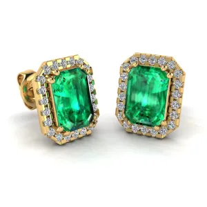 Emerald and Diamond Halo Stud Earrings - EHAEE