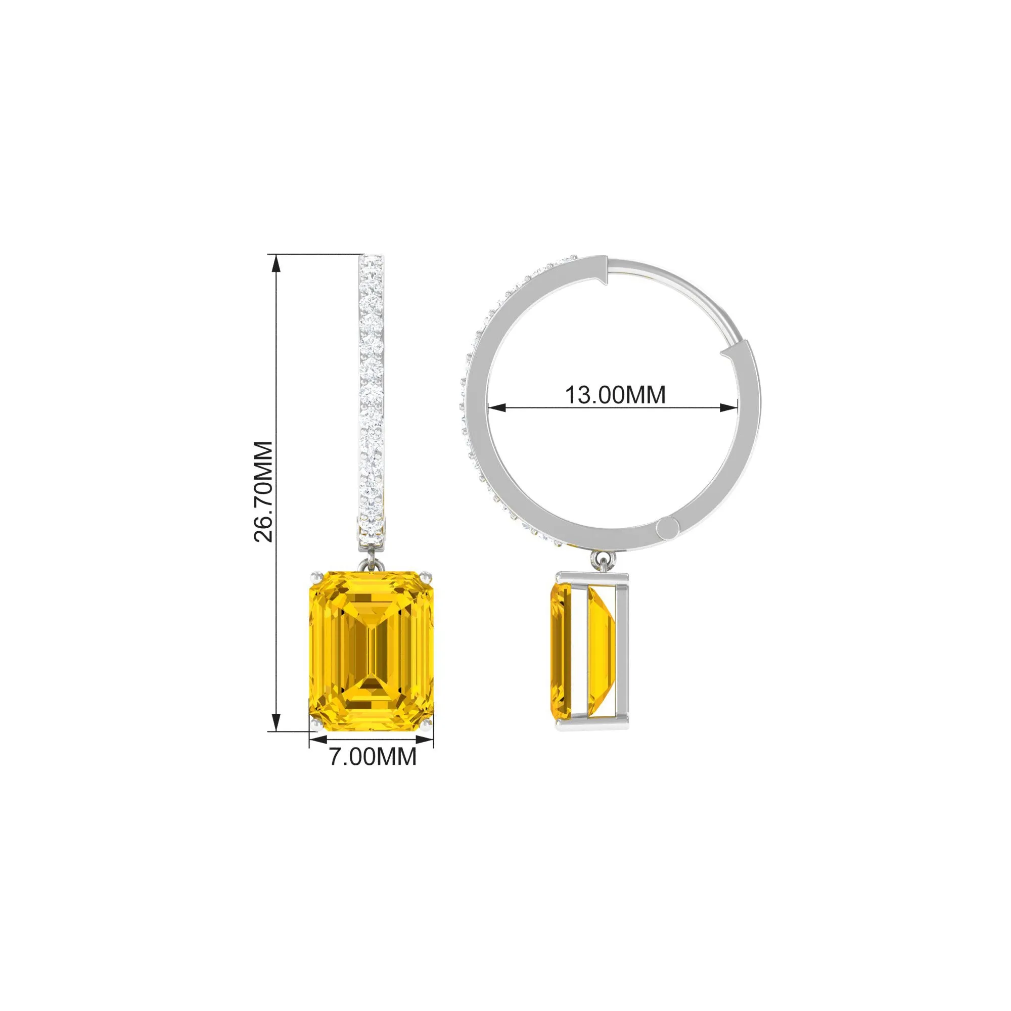 Emerald Cut Lab Grown Yellow Sapphire Minimal Hoop Drop Earrings with Diamond