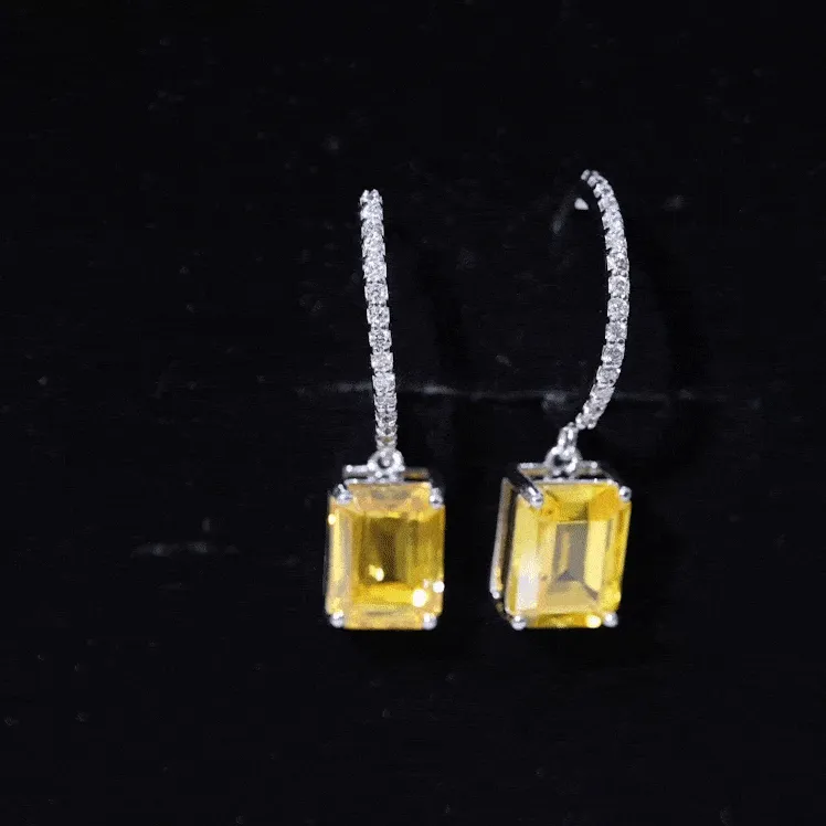 Emerald Cut Lab Grown Yellow Sapphire Minimal Hoop Drop Earrings with Diamond