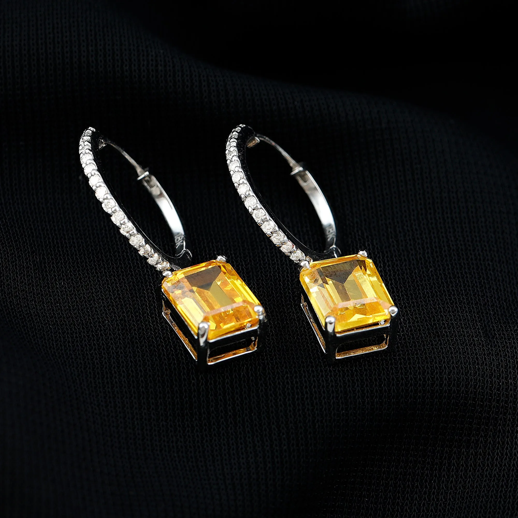 Emerald Cut Lab Grown Yellow Sapphire Minimal Hoop Drop Earrings with Diamond