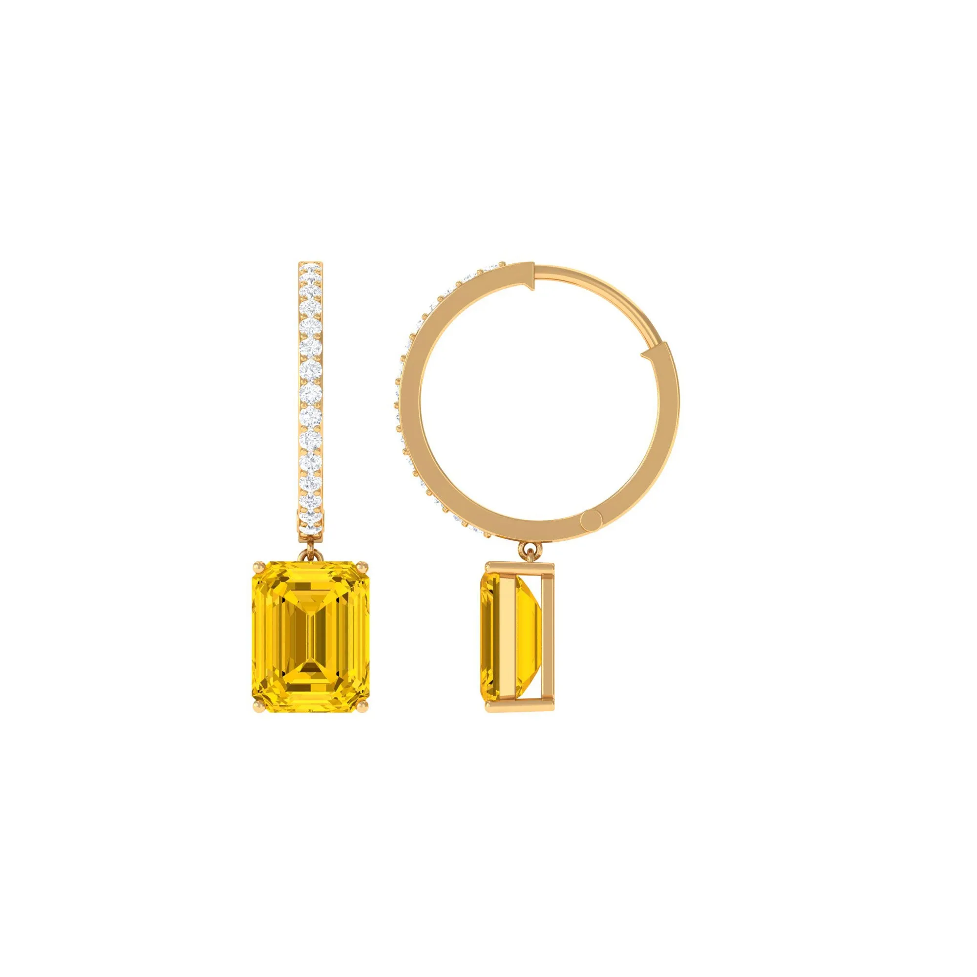 Emerald Cut Lab Grown Yellow Sapphire Minimal Hoop Drop Earrings with Diamond