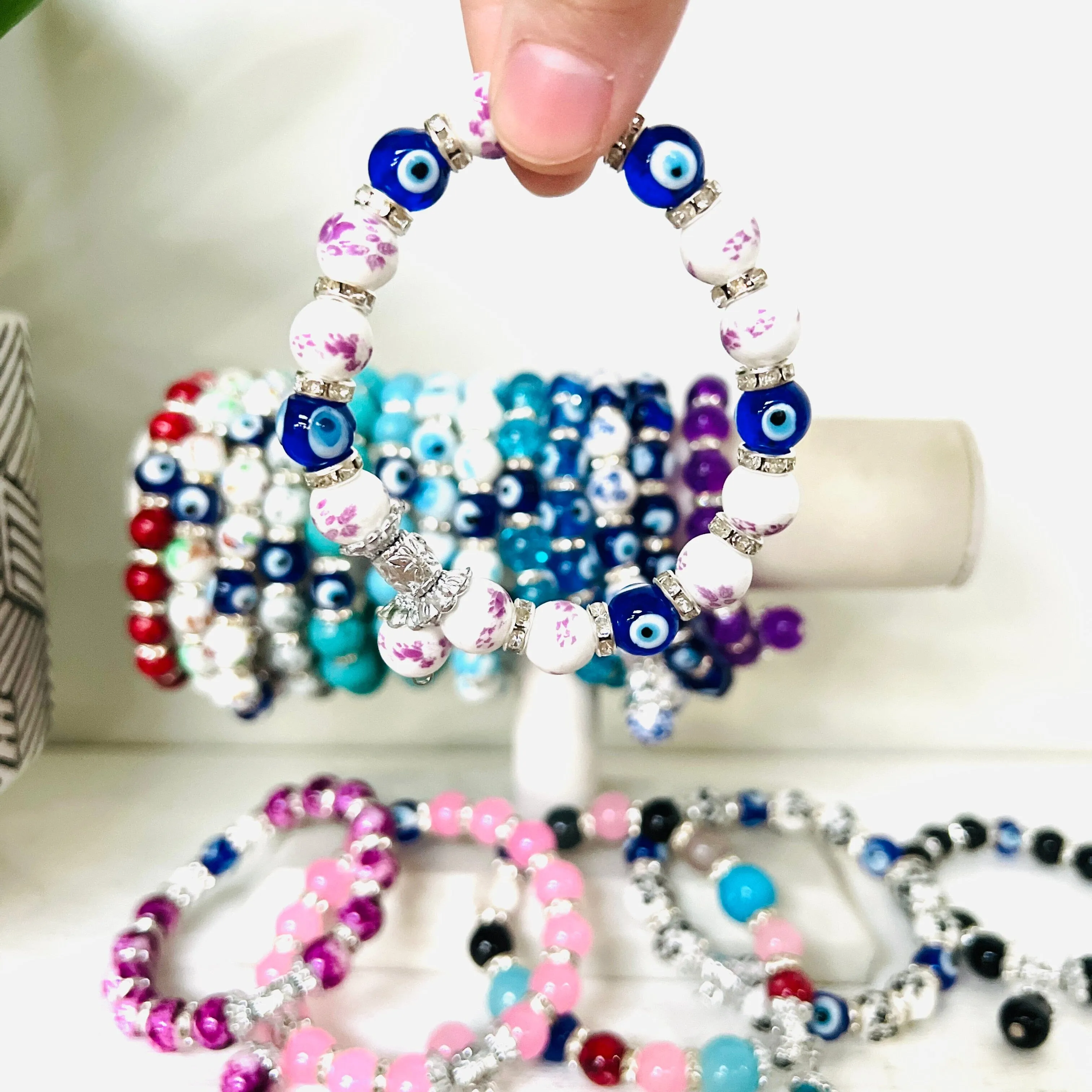 Evil Eye Dangle Glass Bead Bracelets