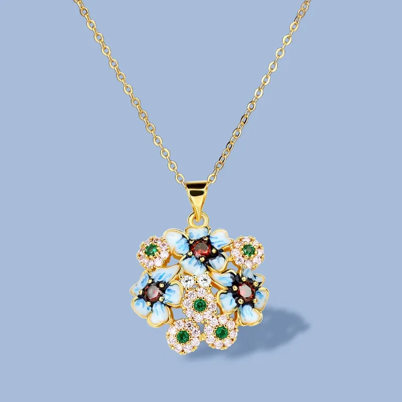 Exquisite Colorful Flower Enamel Pendant Necklaces in 925 Sterling Silver