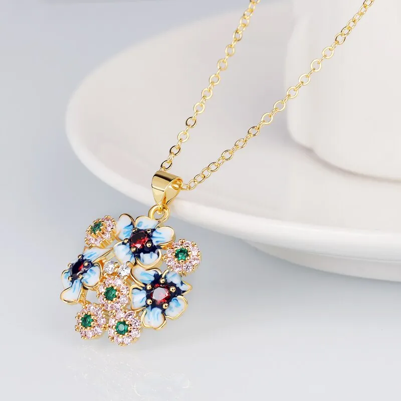 Exquisite Colorful Flower Enamel Pendant Necklaces in 925 Sterling Silver