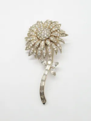 Extraordinary Signed Vintage Floral Clear Rhinestone Brooch