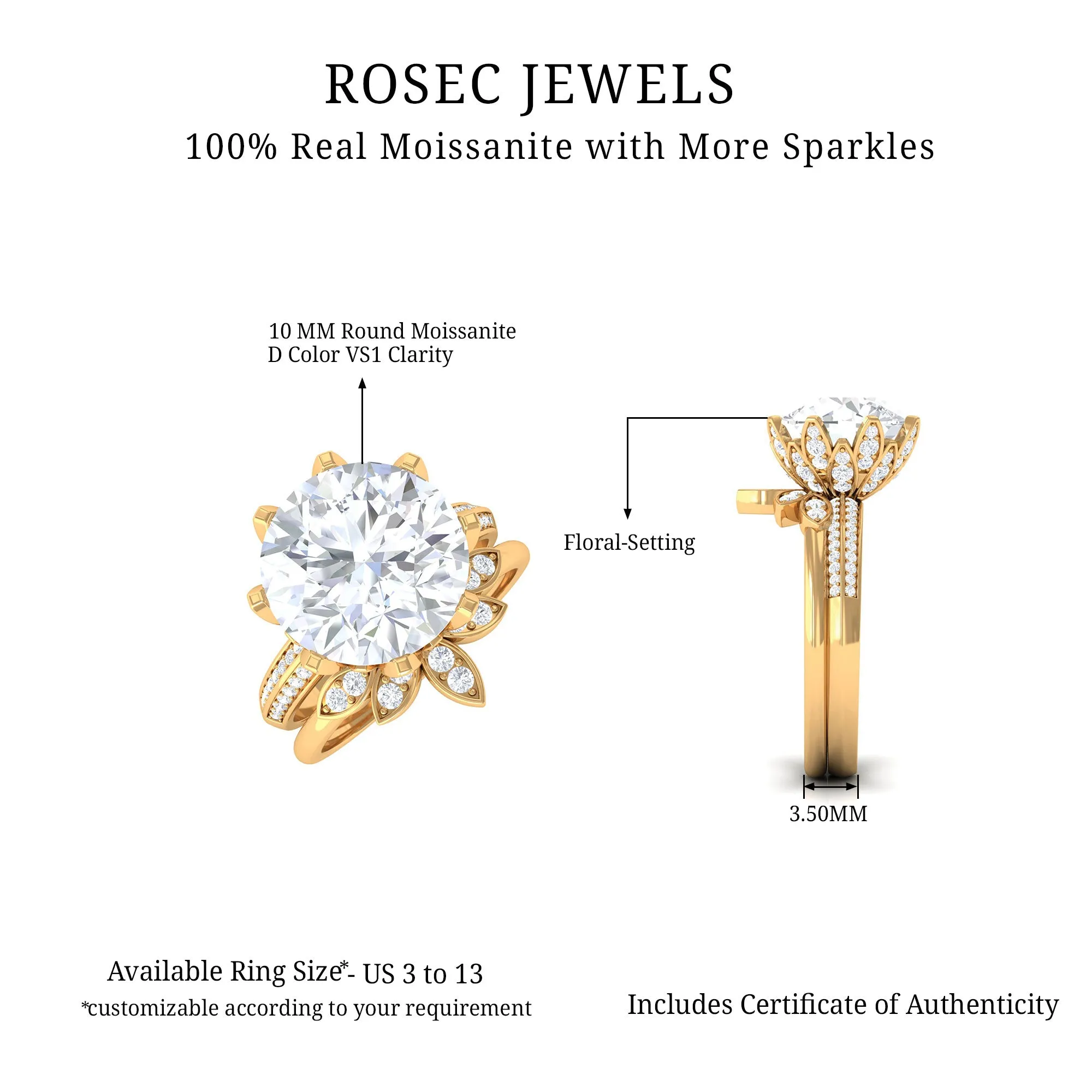 Floral Inspired Certified Moissanite Solitaire Engagement Ring Set