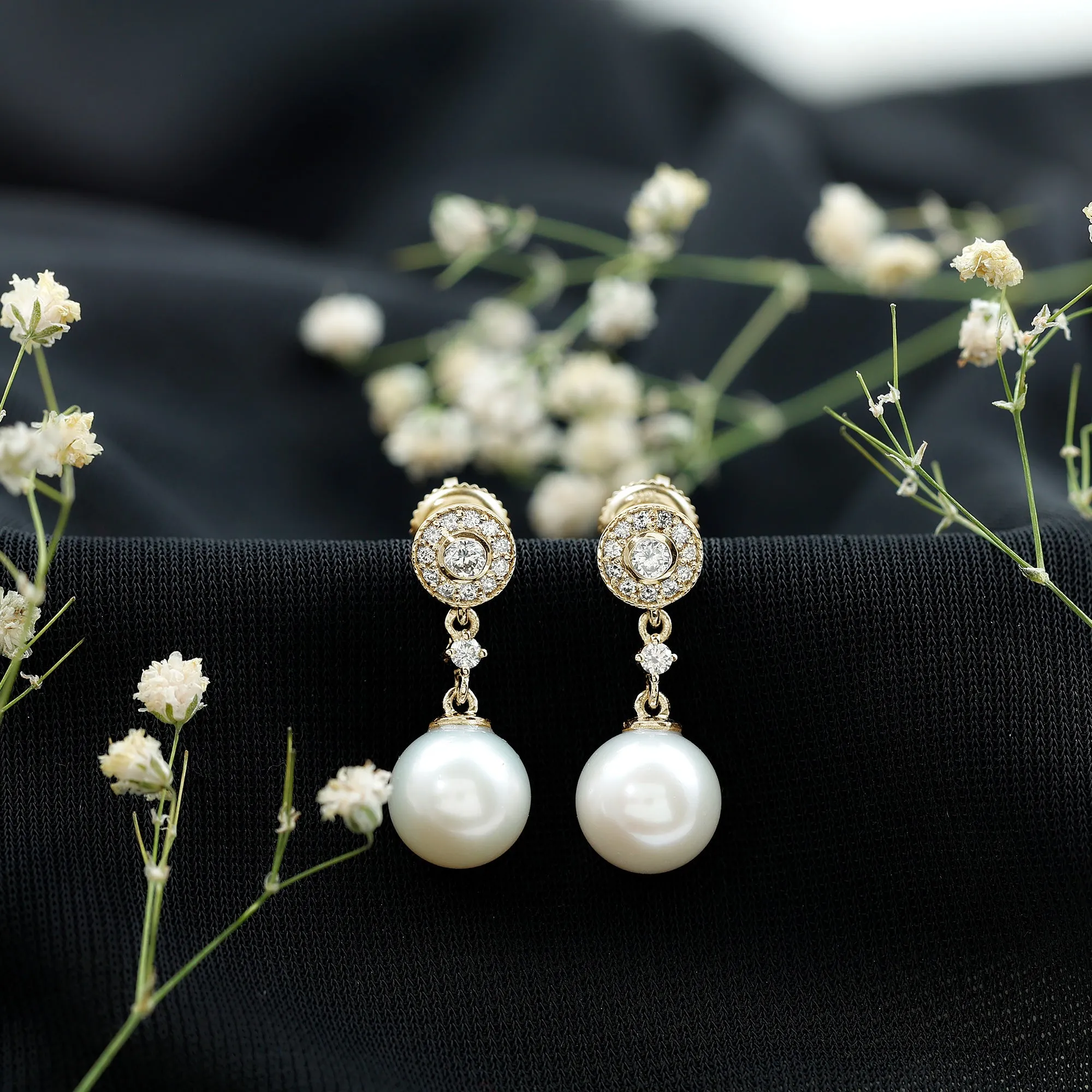 Freshwater Pearl and Diamond Dangle Drop Earrings