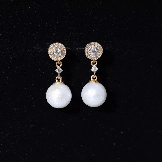 Freshwater Pearl and Diamond Dangle Drop Earrings