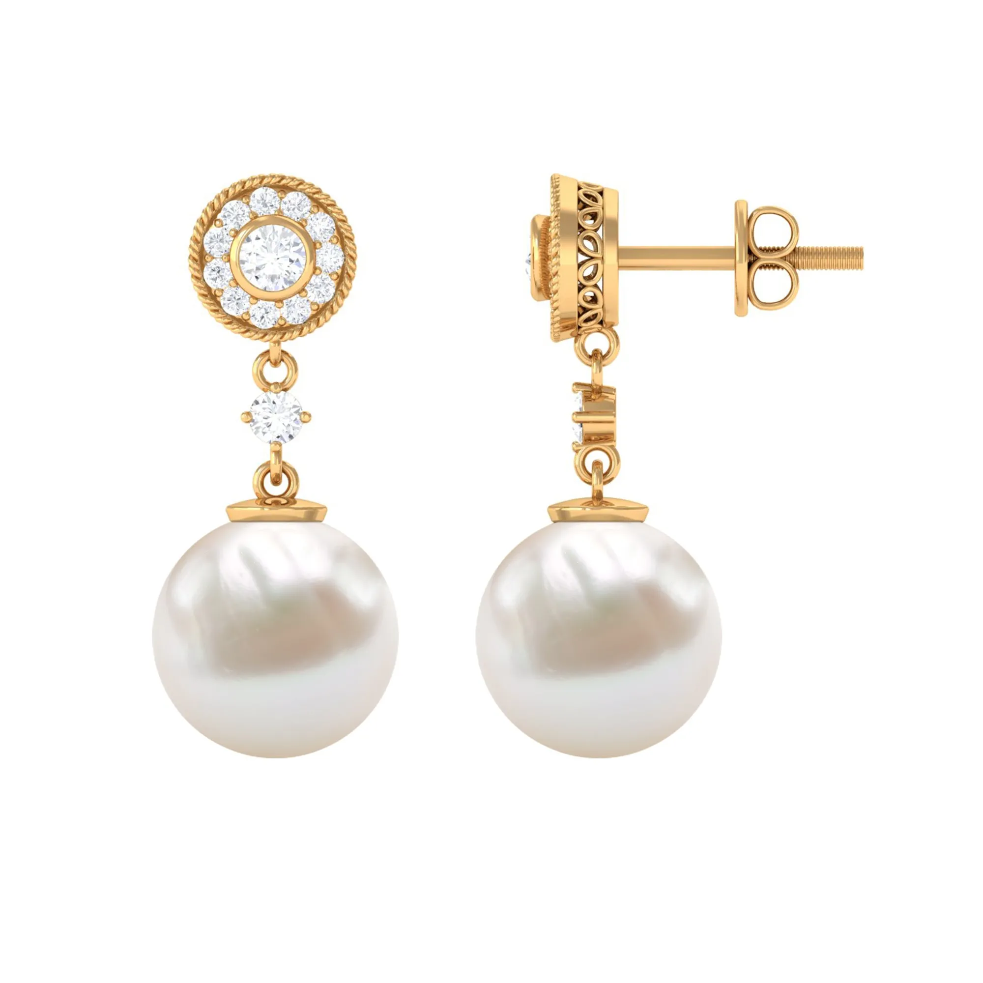 Freshwater Pearl and Diamond Dangle Drop Earrings