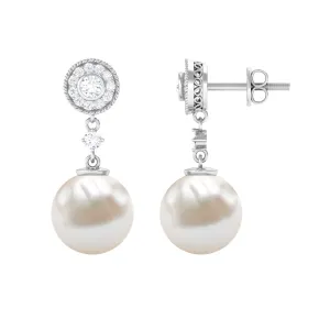 Freshwater Pearl and Diamond Dangle Drop Earrings