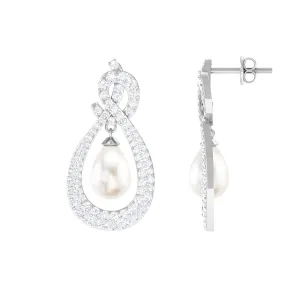 Freshwater Pearl Bridal Dangle Earrings with Moissanite Accent