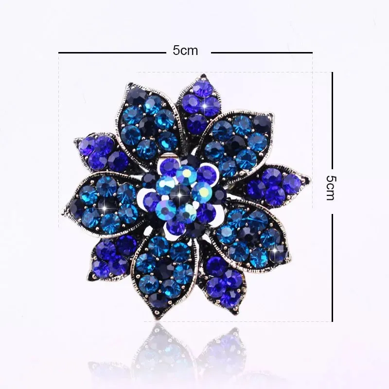 Gold Flower Rhinestone Brooch - Style 9 Blue