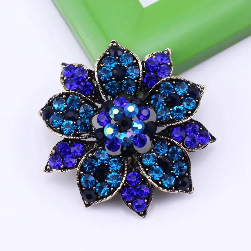 Gold Flower Rhinestone Brooch - Style 9 Blue