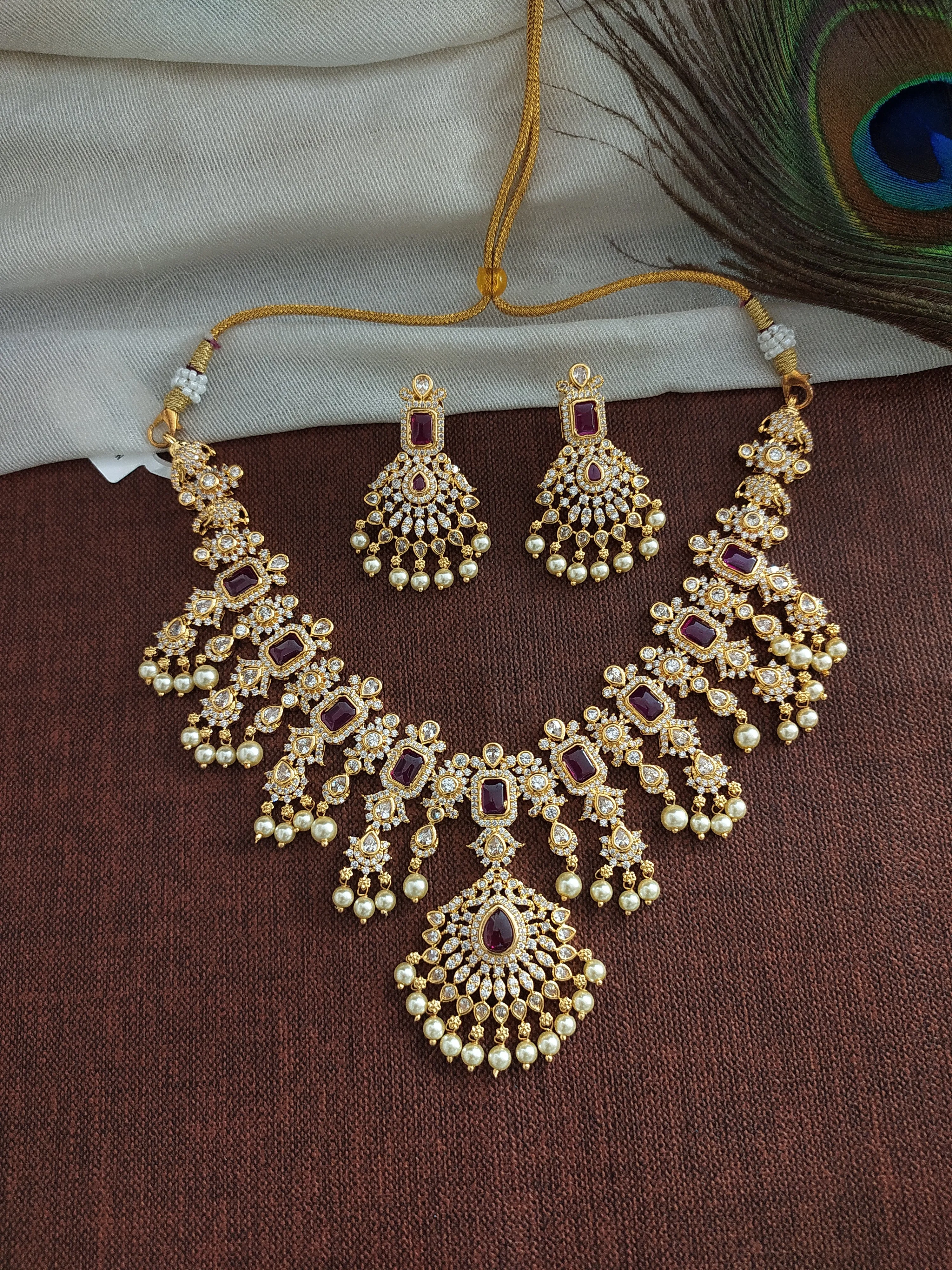 Gold-plated Zircon Set With Pearl Drops- Hydro Ruby