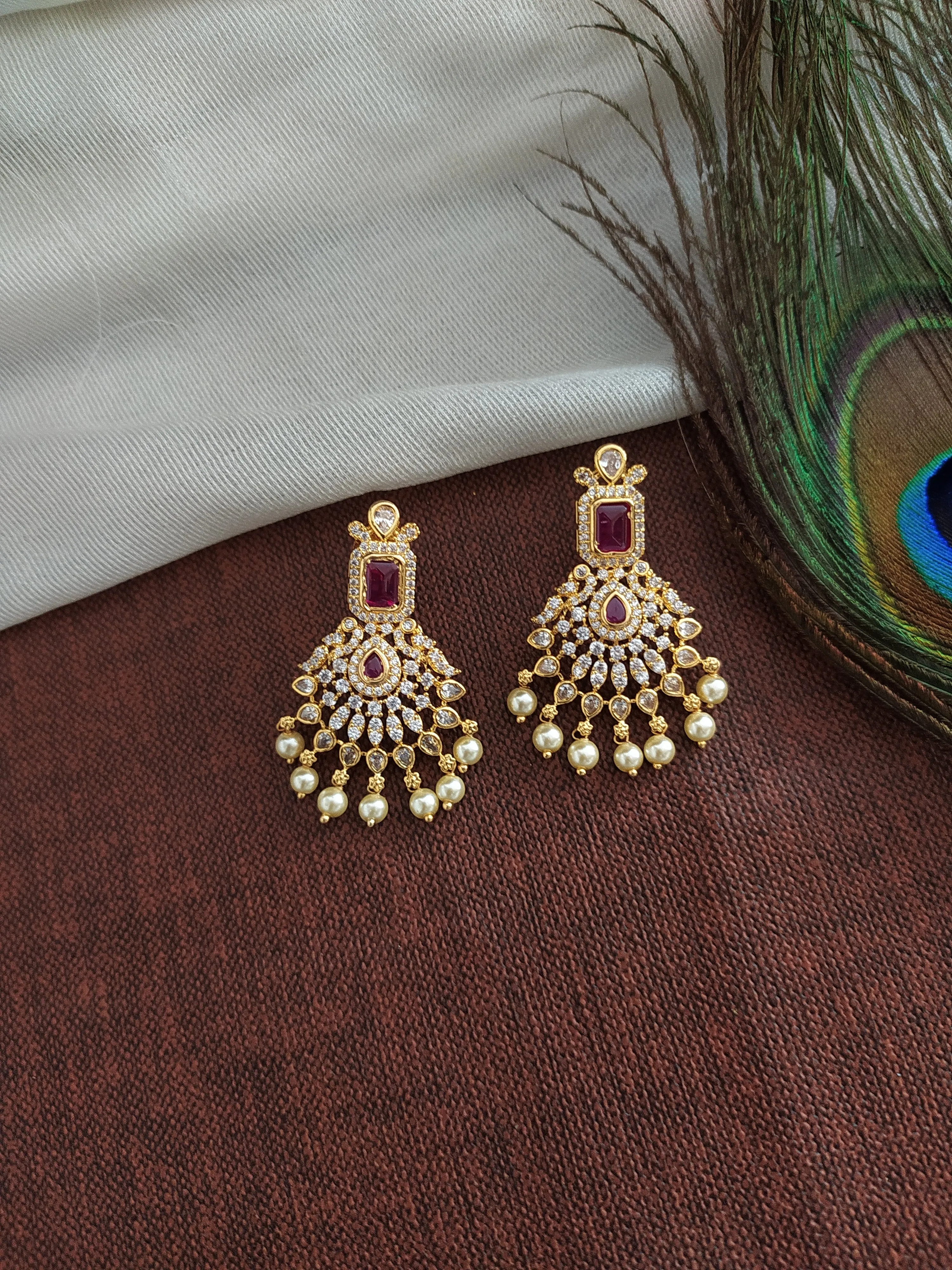 Gold-plated Zircon Set With Pearl Drops- Hydro Ruby