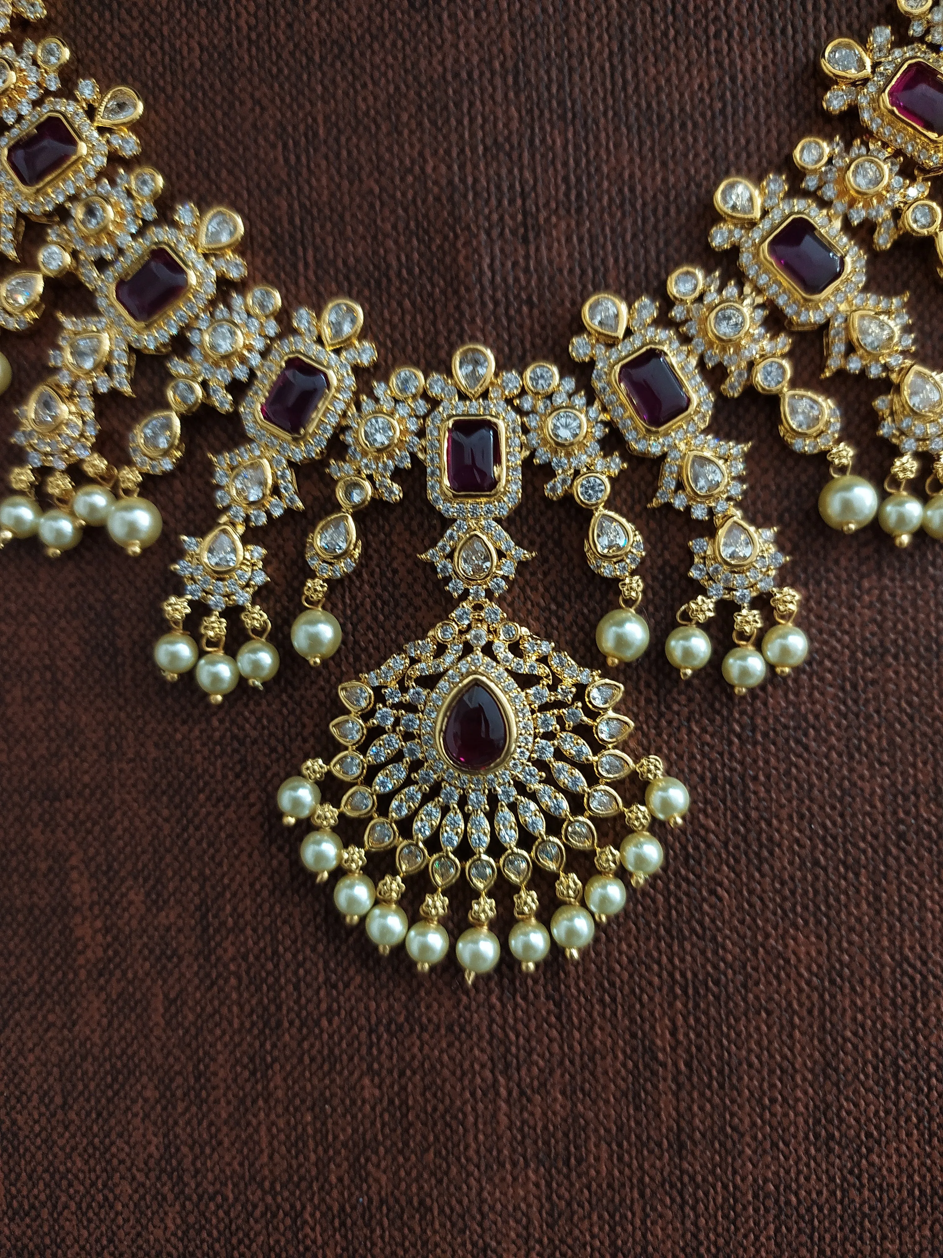 Gold-plated Zircon Set With Pearl Drops- Hydro Ruby