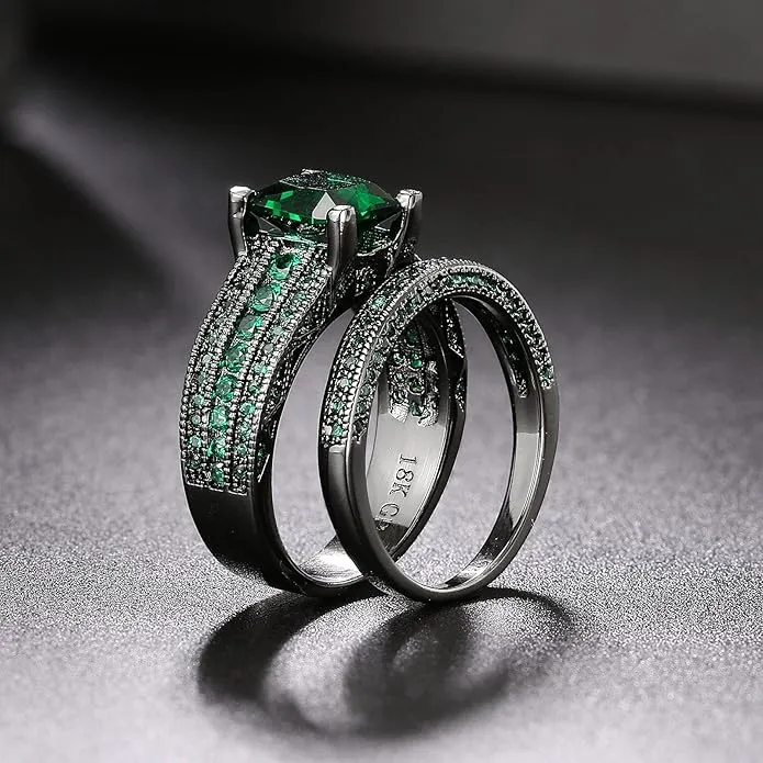 Gorgeous Gothic Romance Green CZ Engagement Ring & Wedding Band Set