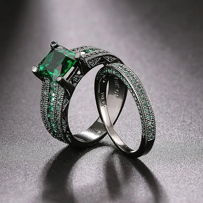 Gorgeous Gothic Romance Green CZ Engagement Ring & Wedding Band Set