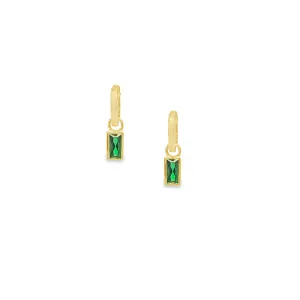 Green Huggie Hoop CZ Baguette Drop Earrings