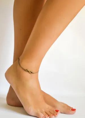 Handmade dainty brown cord anklet with bronze infinity charm