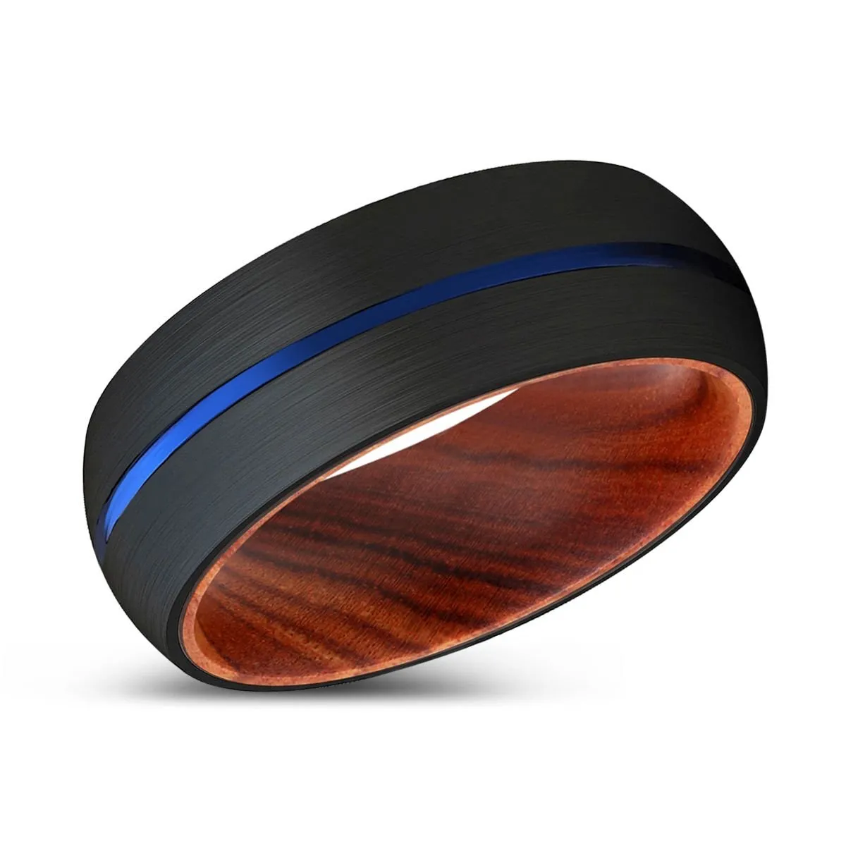 HARVEY | IRON Wood, Black Tungsten Ring, Blue Groove, Domed