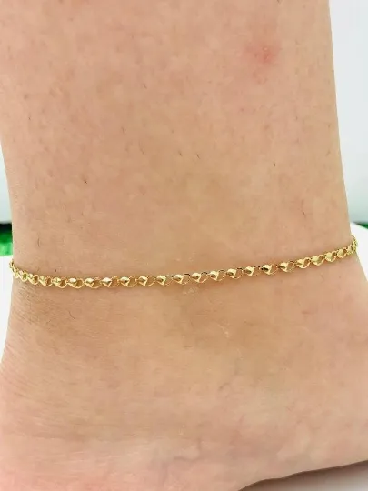 Heart Anklet Bracelet for Womens Ladies 10"/ Bracelet for Foot/ Heart Bracelet for Everyday/ 14K Yellow Gold Anklet Bracelet/ Pulsera de Pie