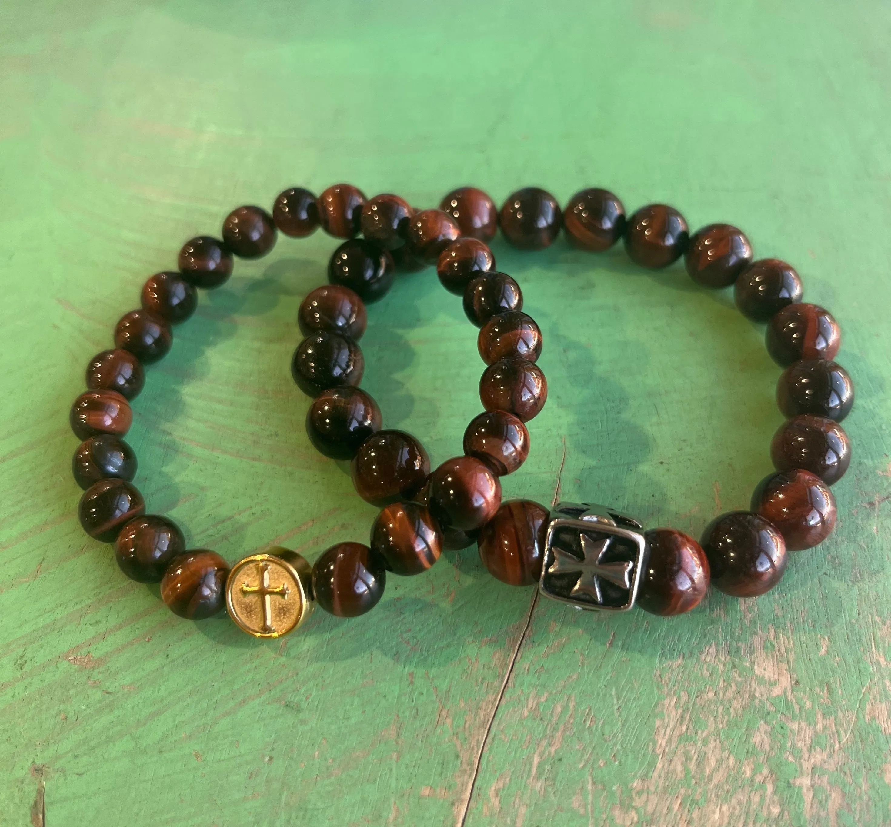 His & Hers Cherry Brown Tiger Eye Cross Bracelet