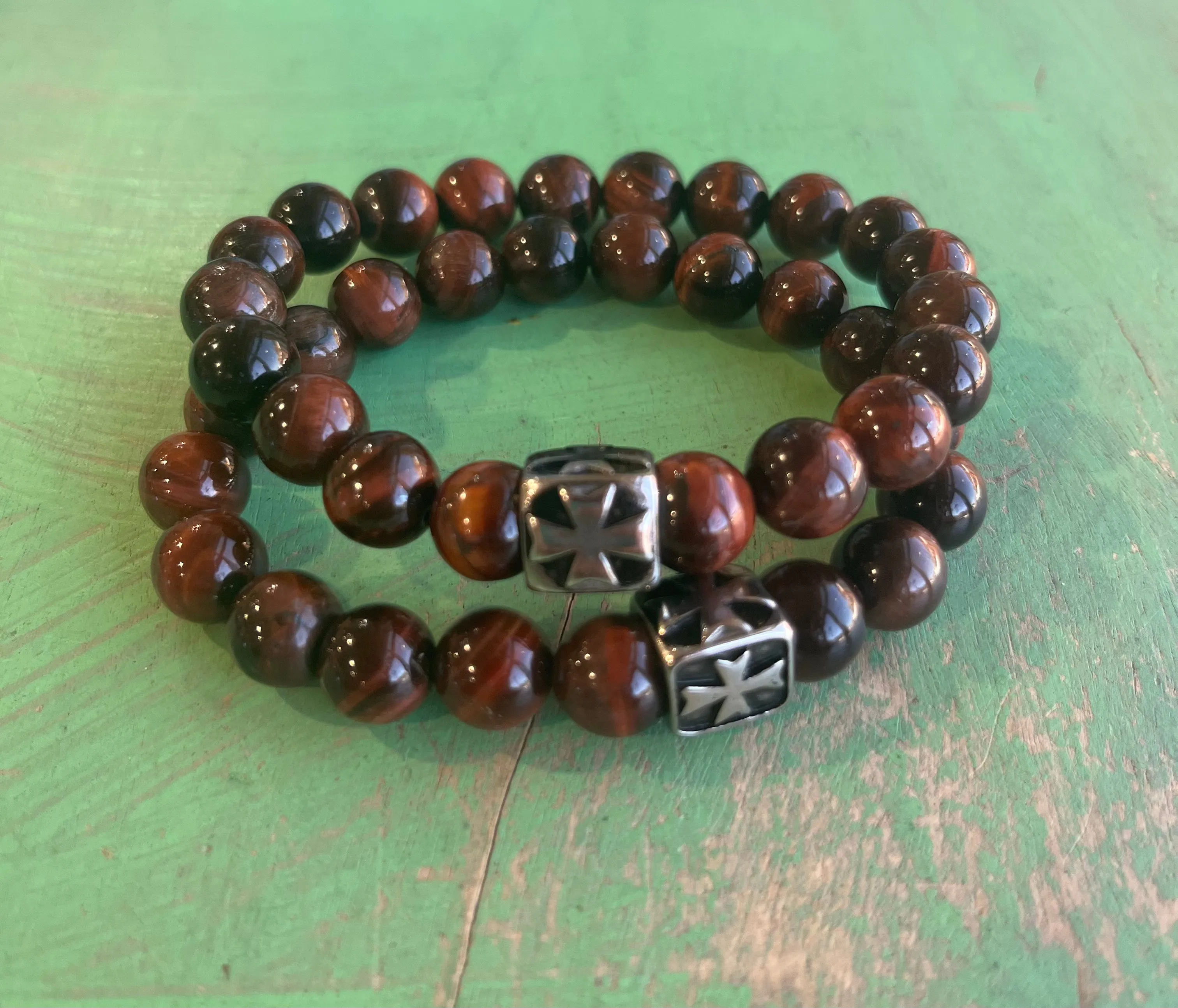 His & Hers Cherry Brown Tiger Eye Cross Bracelet