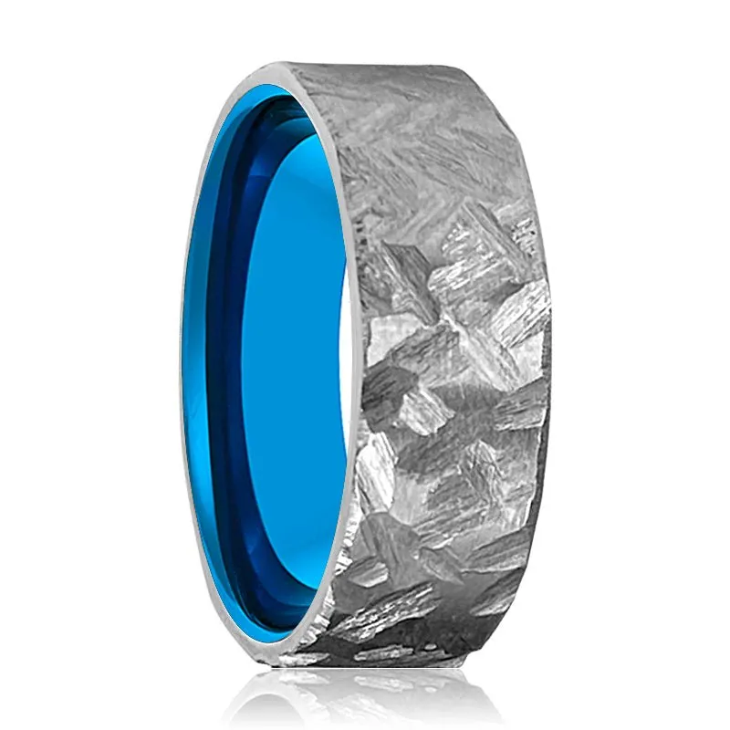 JAWS | Blue Tungsten Ring, Silver Titanium Ring, Hammered, Flat