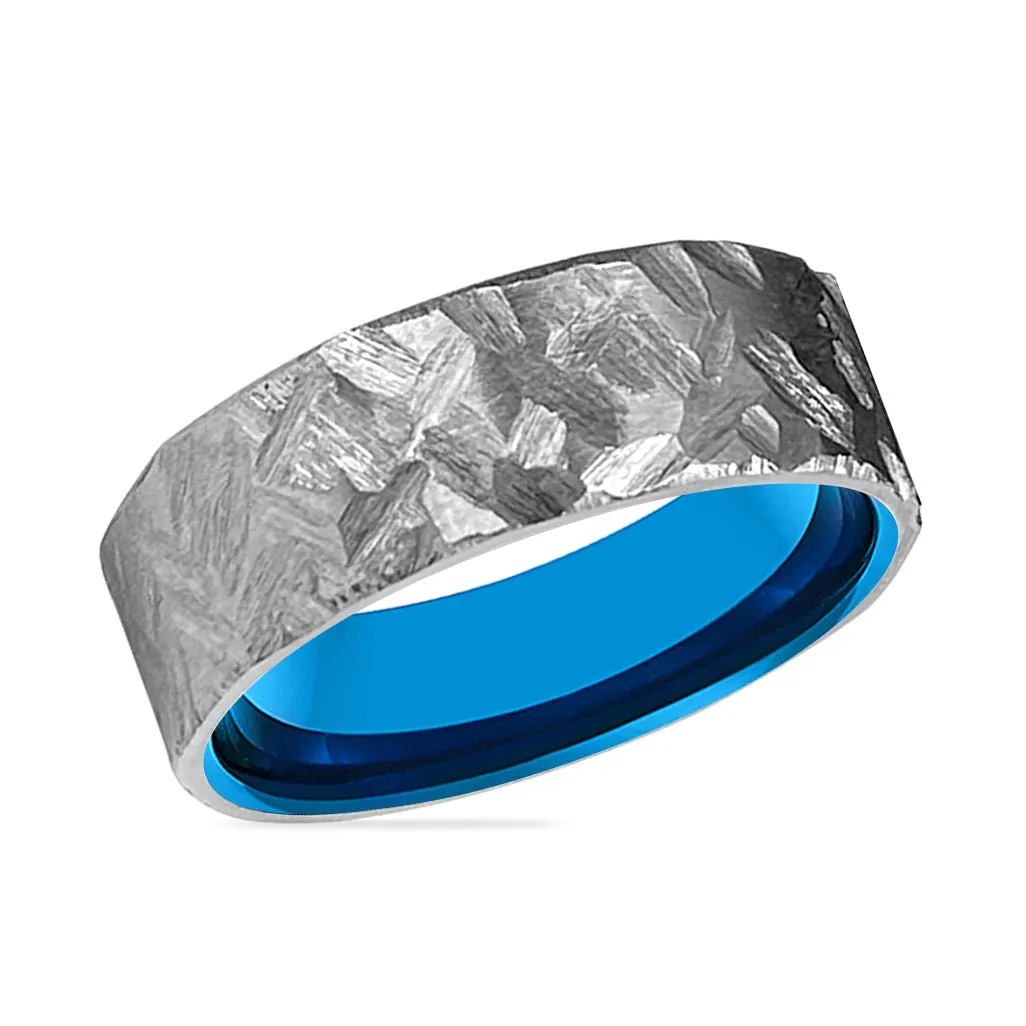 JAWS | Blue Tungsten Ring, Silver Titanium Ring, Hammered, Flat