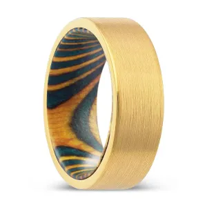 KATOKA | Green & Yellow Wood, Gold Tungsten Ring, Brushed, Flat